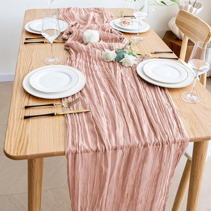 Wokceer Cheesecloth Table Runner Valentine's Day Dusty Pink 10FT Boho Gauze Wedding Cheese Cloth Table Runner for Party 120 Inches Long Easter Rustic Sheer Runners for Baby Bridal Shower Decor