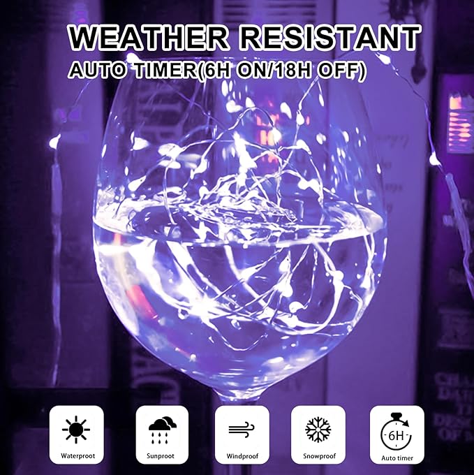 Purple Fairy Lights Battery Operated (Included), 8 Modes & Auto Timer, 2 Packs 5m 50Led Mini Twinkle Silver Wire Firefly Starry Lights, Waterproof Battery Operated Lights for Wedding Parties