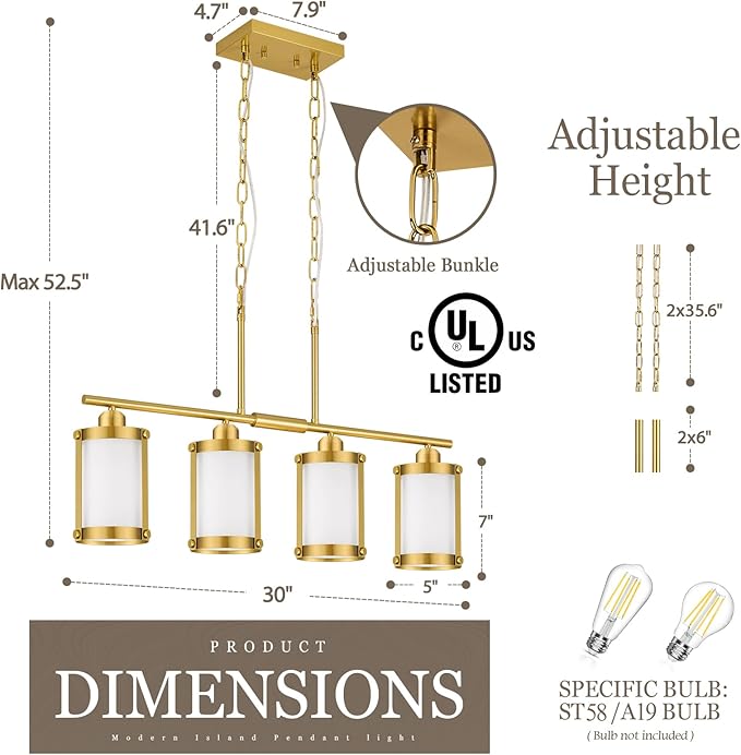 4-Light Kitchen Island Lighting, Brushed Gold Linear Dining Room Light Fixtures with Frosted Glass, Modern Mid Century Chandelier Pendant Light for Kitchen Island Dining Room, OS-3014-4ISBGW