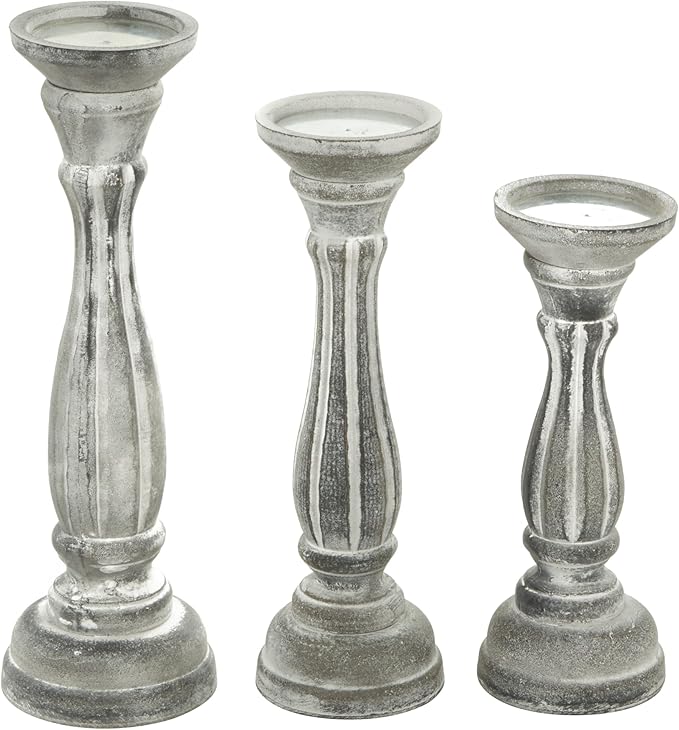 Deco 79 Wooden Decorative Candle Holder Distressed Turned Candle Stand, Set of 3 Candlestick Holder 15", 13", 11"H, Gray