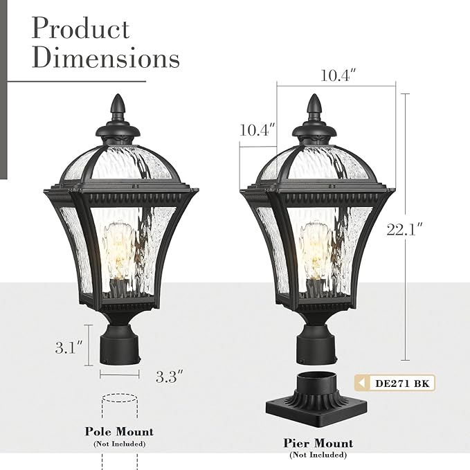 Emliviar 22" Outdoor Lighting for Post, Black Exterior Lamp Post Light Fixture for Yard, Aluminum Pillar Light with Water Ripple Glass, XE266P-SW BK