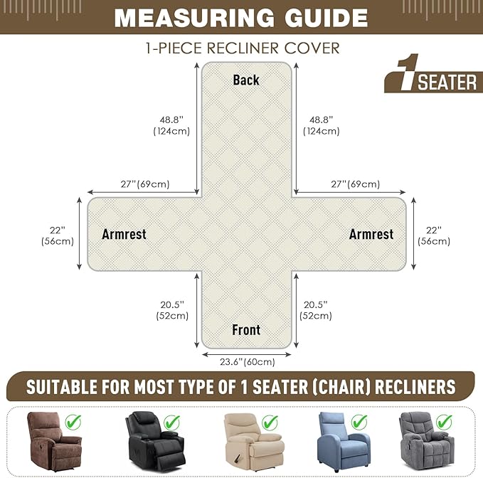 TAOCOCO 100% Waterproof Recliner Chair Cover, Non Slip Recliner Covers for Recliner Chair with Pocket, Washable Reclining Chair Cover Furniture Protector for Kids,Dogs(23.6'', Camel)