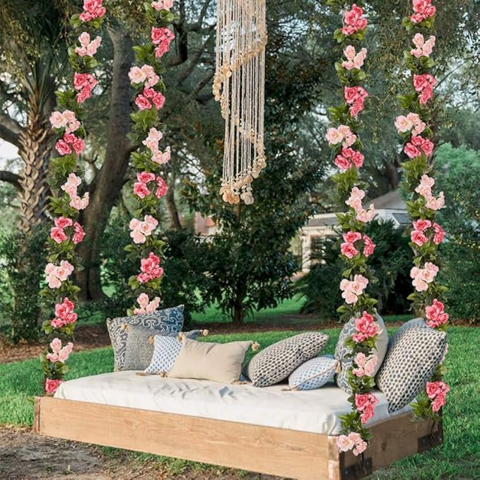 4 Pack(28.8 Ft) Artificial Silk Rose Flower Vines Fake Garland for Backdrop Hanging Garlands Decoration Wedding Arch Room(Rose Red)