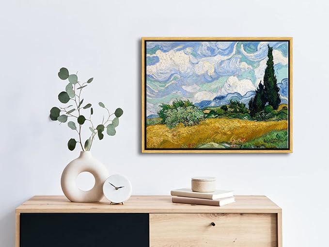 Wieco Art Framed Wall Art of Wheat Field with Cypresses by Vincent Van Gogh Paintings Reproduction Abstract Canvas Prints for Home Living Room Decorations Bronze Gold Frame