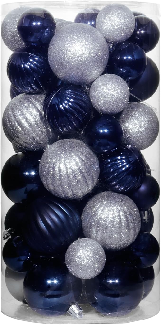 50ct Navy Blue and Silver Christmas Ornaments Set, 2025 Shatterproof Christmas Tree Decorations, Christmas Ball Ornament, Vintage Classic Christmas Ornament Bulk for Christmas Decorations Indoor