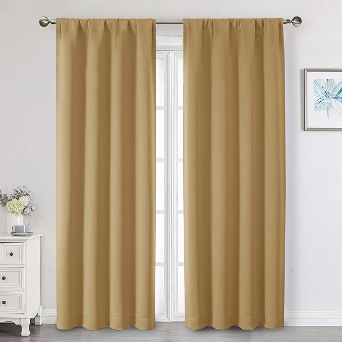 Gold Blackout Curtains 84 Inch Length 2 Panels Set, Soft Solid Thermal Insulated Room Darkening Curtains 84 Inches Long for Bedroom Living Room, Rod Pocket Drape, Gold, Each 40" Wx84 L