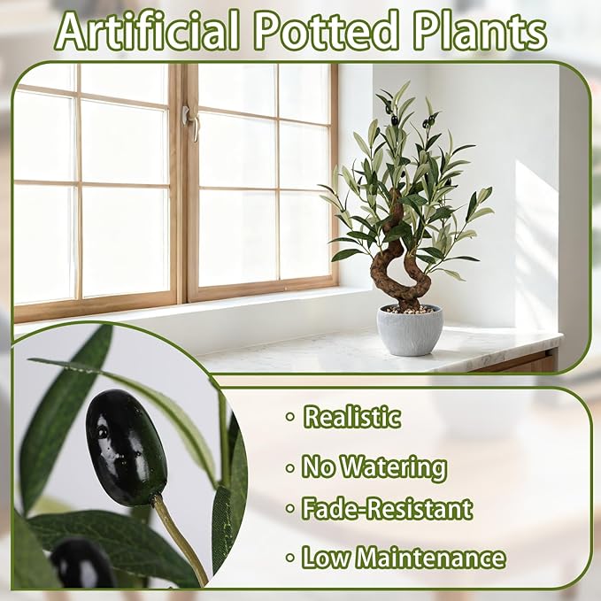 TOARTi Artificial Olive Tree Potted Plant with Stone Pot, 10" Tall Japanese Bonsai Tree Faux Plants Desk Plant, Realistic Greenery Decor for for Home Bedroom Bathroom Office Desk