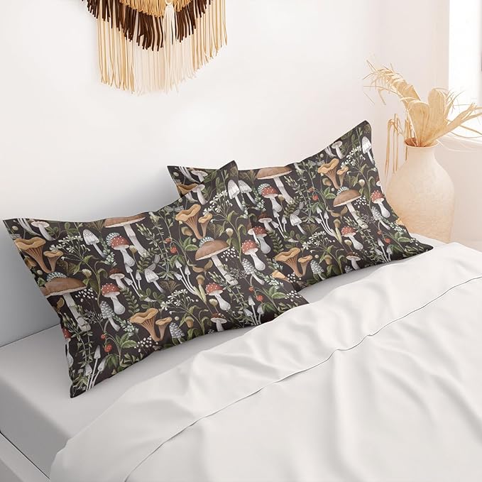 Moody Botanical Pillow Protectors with Zipper Standard Size Dark Academia Mushroom Strawberry Print Pillow Covers Set of 2 Rustic Nature Plant Pillow Cases Black Bed Pillow Covers 12"x24"