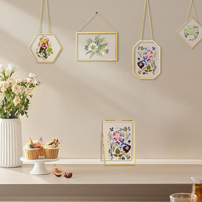 FOCHIER F 5 Pcs Pressed Flower Frames with Tweezers, Wall Hanging Tabletop Display Double Glass Frames with Metal Chain for Pressed Dried Flowers Plants, Horizontal and Vertical Picture Frame, Golden