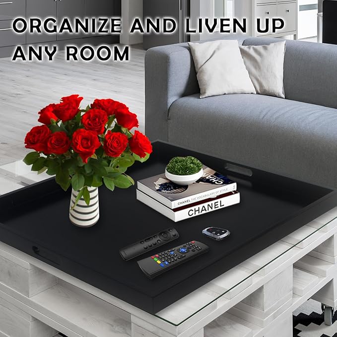 24" Square Large Ottoman Tray, Wood Serving Tray with Handle, Modern Extra Large Black Decorative Trays for Living Room Coffee Table Home