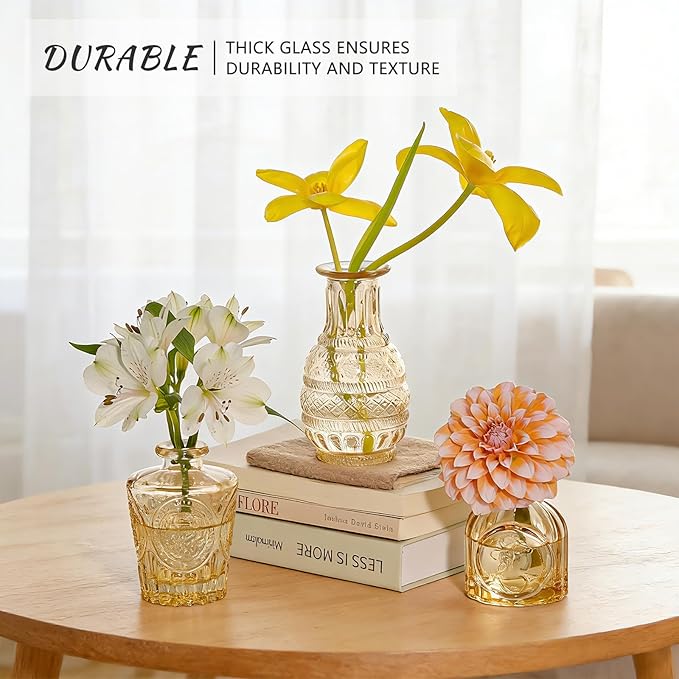 16Pcs Glass Bud Vase Set, Small Flower Vases in Bulk for Centerpieces, Mini Vintage Amber Vase for Wedding, Home Decor, Table Decoration - Gold Amber