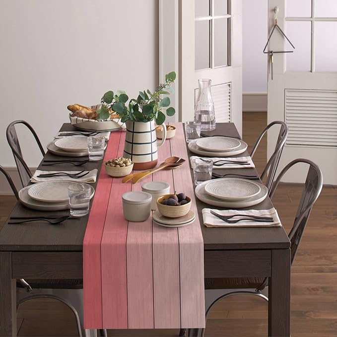 Vandarllin Table Runners 13X108 Inches Extra Long, Light Pink,Cotton Linen Farmhouse Retro Rustic Barn Wood Texture Tablecloths Non-Slip Party Table Decorations for Kitchen,Home,Dining,Outdoor,