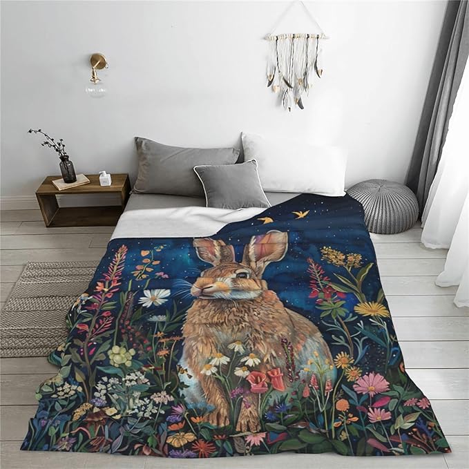 Bunny Throw Blanket Cute Rabbit Floral Decor Blanket Super Cozy Plush Lightweight Soft Plush Flannel Fleece Jungle Animal Forest Blanket Gifts for Girls Boys Kids Women Men for Sofa Bed Couch 60"X80"
