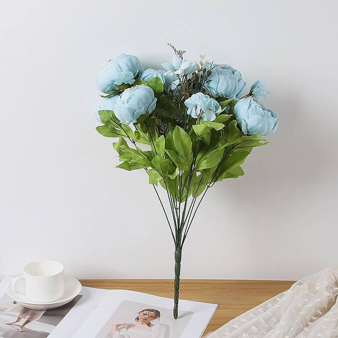 Duovlo Artificial Peony Silk Flowers Fake Flowers Vintage Wedding Home Decoration,Pack of 1 (Spring Blue)