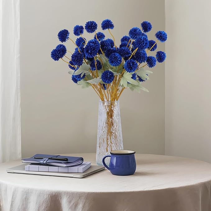 Hananona 12 Piece Artificial Chrysanthemum Flowers, Blue Mini Kiku Pom Pom Mums Patriotic Flower Faux Floral Arrangements 4th of July Centerpiece for Home Kitchen Decor (12, Blue)
