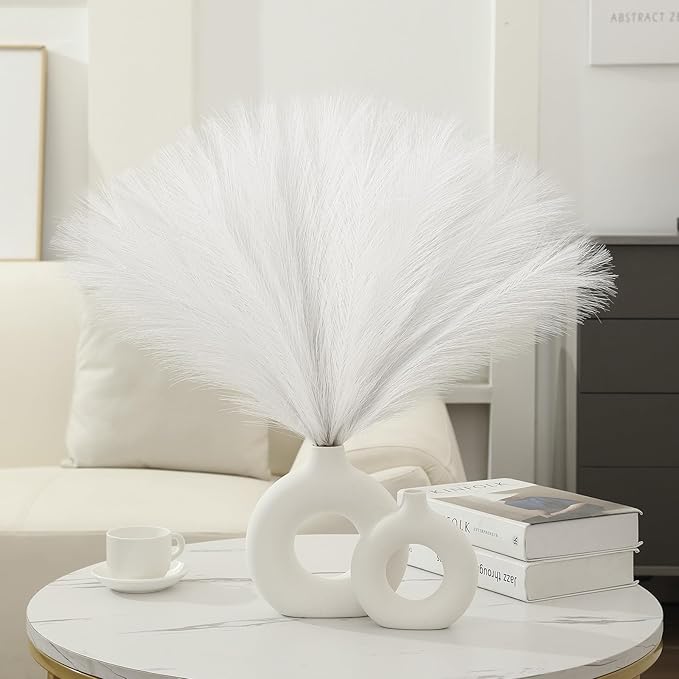 Faux Pampas Grass Decor 17.7 Inch 6pcs, Artificial Pampas Grass Fluffy Home Decor, Short Vase Room Decor pompous Grass Flower Arrangement for Boho Home Wedding Decoration (Milky White)
