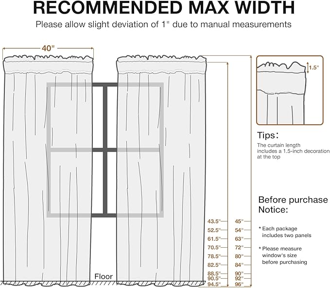 Anmao Non-See-Through Off White Privacy Semi Sheer Curtains for Living Room 72 Inch Length 2 Panels Set, Light Filtering That Let Light in Rod Pocket Window Drapes for Bedroom, 40W x 72L, Ivory White