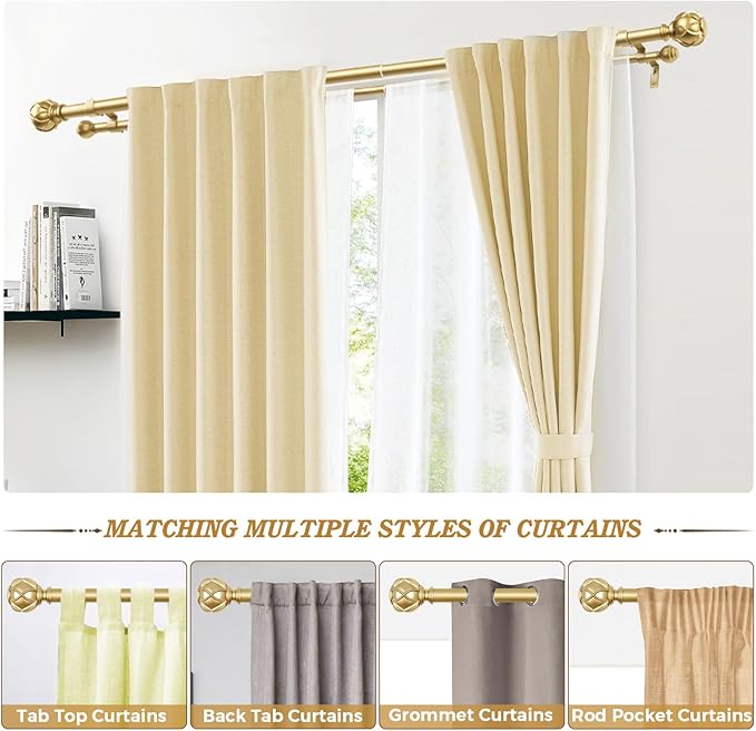 KAMANINA 1 Inch Double Curtain Rods for Windows 72 to 144 Inches (6-12 Feet)，Warm Gold Heavy Duty Double Curtain Rod, Telescoping Drapery Rod with Netted Texture Finials
