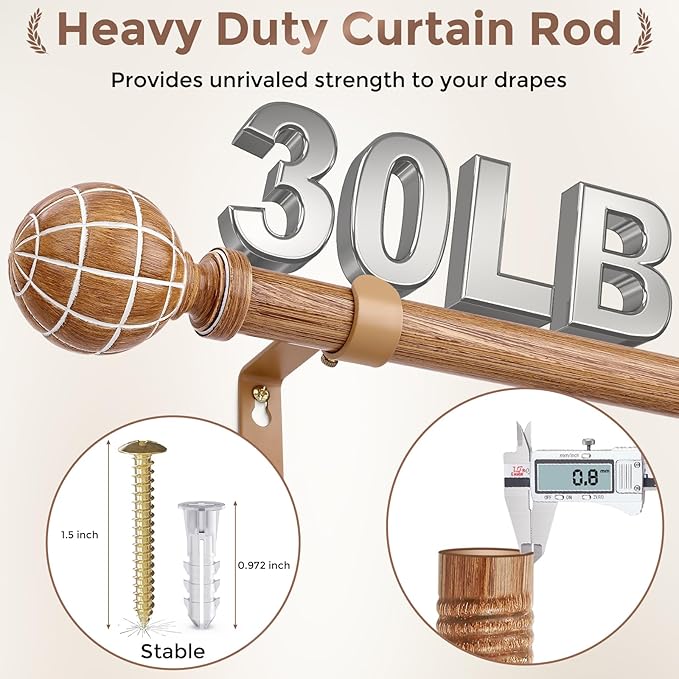 Wood Curtain Rods for Windows 28 to 48 Inches (2.33-4ft), 1'' Diameter Heavy Duty Adjustable Rustic Farmhouse Drapery Pole with Boho Imitation Wooden Grain Decorative Finials, Size 30"-60"