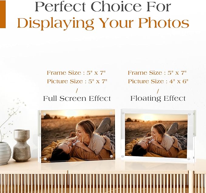 TWING Acrylic Picture Frame 5 x 7 Inch 2 Pack Magnetic Photo Frame Horizontal Magnet Double Sided Acrylic Frames Set with Microfiber Cloth, 10+10MM Thickness Clear Picture Frame Desktop Display Gift Ideal