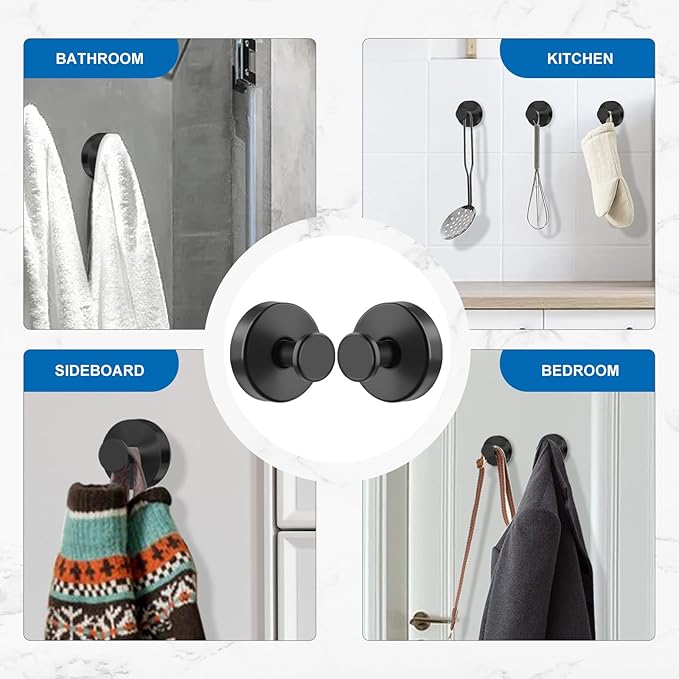 Suction Cup Hooks for Towels Robes, Heavy Duty Wreaths Hanger for Glass Door Bathroom Shower Hooks Stainless Steel, No Drill on Smooth Wall,Glass,Mirror, Tile for Swimsuit Washcloths (4, Black)