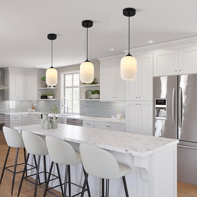 Modern Cylinder Pendant Lighting Mini Black and White Pendant Light Mid Century Ribbed Glass Flush Mount Ceiling Light Farmhouse Hanging Pendant Light Fixture