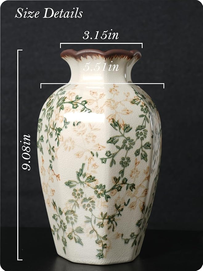 Vintage Ceramic Vase - 9 Inch Hand-Painted Flowers with Ice Crackle Glaze Finish, American Farmhouse Style Pitcher Vase for Home Decor, Centerpiece, Shelf, Table, Office