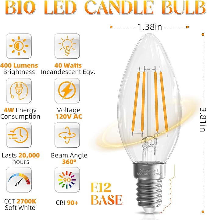 Candelabra Light Bulbs 40 watt Equivalent, E12 LED Bulb Non-Dimmable Chandelier Light Bulb, B10 LED Candle Bulb 2700K Soft White, 90+CRI, 400LM, Cear Glass, 24 Pack
