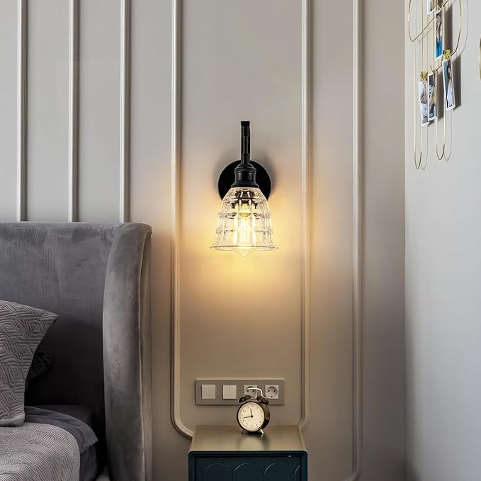 Blck Wall Sconce, Modern Matte Black Sconces Wall Lighting, Vintage Glass Light Fixtures, Indoor Wall Lamps for Bathroom Vanity Mirror Living Room Bedroom Kitchen Hallway Stairway E26 Hardwire