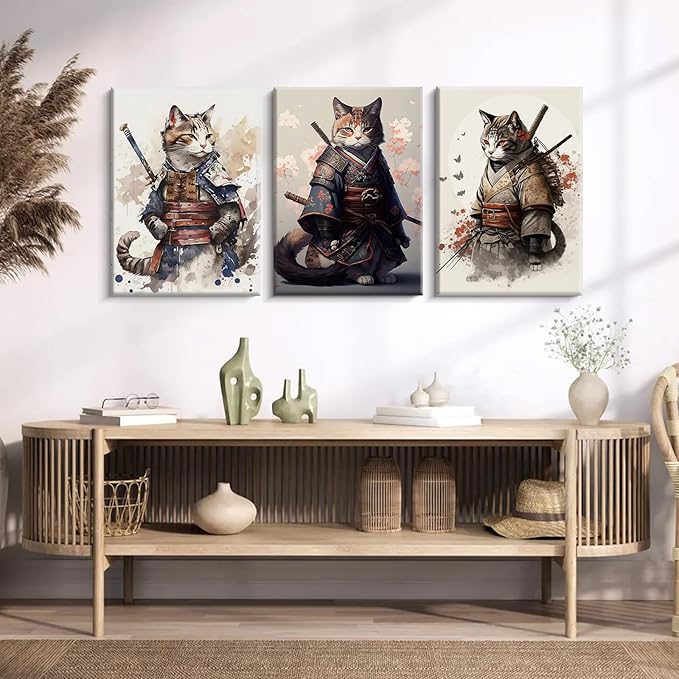 Japanese Cat Wall Art Poster Samurai Cat Canvas Wall Decor Japanese Anime Painting Asian Wall Art Funny Prints Black Cat Pictures Vintage Artwork for Living Room Bedroom 12x16x3 Inch Ready to Hang