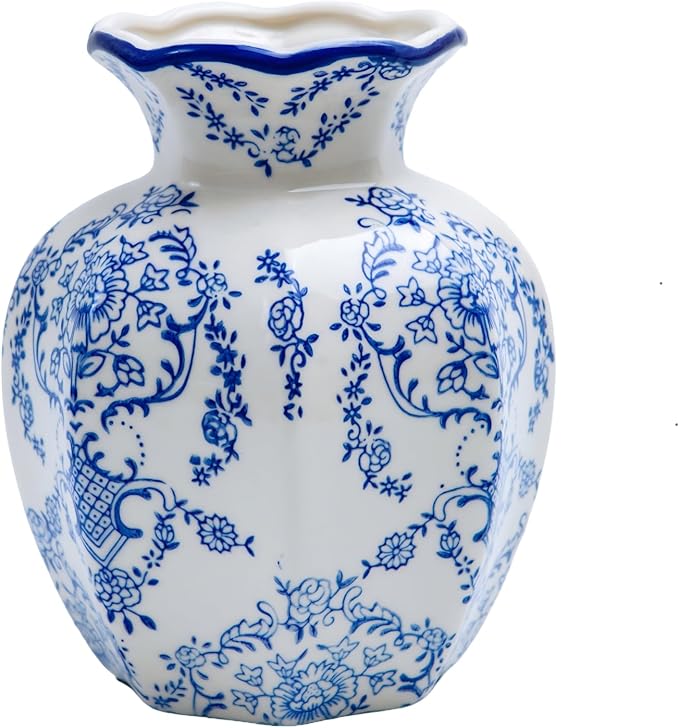 Blue and White Ceramic vase, Chinoiserie Floral Scroll Design with Wavy Blue Rim, Hand Painted Mantel Decor, Porcelain, Home Decor (Small, Mantangchun)
