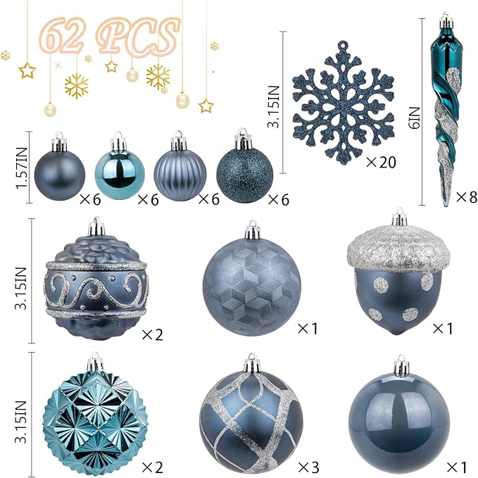 62pcs Navy Blue & Silver Christmas Balls Ornaments Set - 3.15" Big Christmas Balls - Shatterproof Plastic Decorative Baubles for Xmas Tree Decor Holiday, Wedding, Party Decoration (Navy)