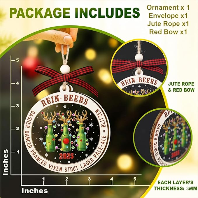 Rein-Beer 2025 Christmas Tree Ornaments - Beer Lovers Gifts for Women, Men Drinker - Best White Elephant Prank Ornaments - Gifts for The Beer Drinker - 2 Layers Wood Acrylic Ornament