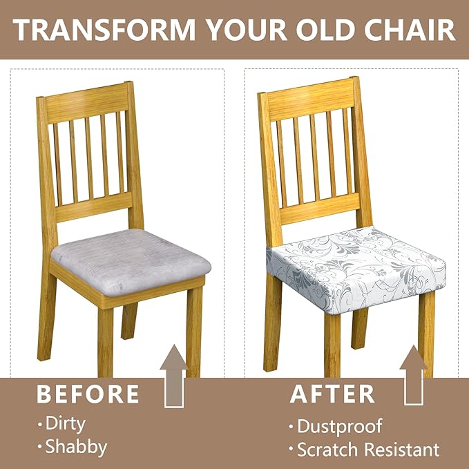 Stretch Dining Chair Seat Covers Set of 6,Dining Chair Slipcovers, Floral Printed Chair Covers,Soft Fabric Washable Upholstered Chair Seat Protector, No Rear Covers for Home Kitchen Dining Room