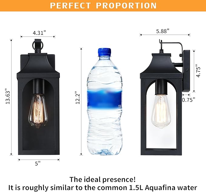 2PK 13" Outdoor Wall Light Fixtures,Matte Black Exterior Light Fixture with Clear Glass Lampshade,Anti-Rust Waterproof Outdoor Sconce Lights Porch Lights for Entryway,Patio,Garage,E26 Socket