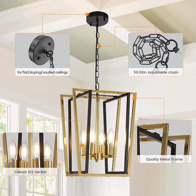 WJShome 4-Light Black and Gold Chandelier,Farmhouse Hanging Lantern Pendant Light,Industrial Ceiling Foyer Lighting Fixtures, Adjustable Height Modern Chandelier,for Kitchen Island,Hallway,Entryway