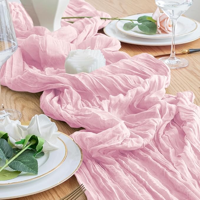 6PCS Table Runner Cheesecloth 10FT Blushing Pink Boho Gauze Cheese Cloth Rustic Sheer Table Runners for Wedding Bridal Baby Shower Party Decoration