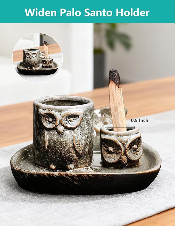 Comeon Palo Santo Holder, 4 in 1 Ceramic Owl Backflow Incense Burner Holder Candle Holder Sage Holder for Burning Bow(Grey)