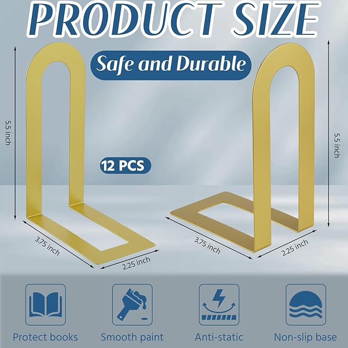 Chunful 12 Pcs Modern Metal Book Ends for Shelves Decorative Small Bookends Book Shelf Organizer Minimalist Design Stopper to Hold Books for Home Office (Gold,5.5 * 3.75 * 2.25inch)