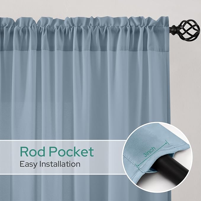 HOMEIDEAS Non-See-Through Stone Blue Privacy Semi Sheer Curtains 96 Inches Long 2 Panels Set Light Filtering Curtains for Living Room Bedroom Drapes,W52xL96