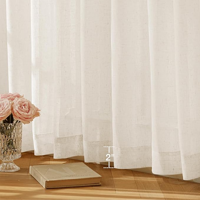 Anmao Natural Linen Curtains for Living Room 63 Inch Length 2 Panels Set, Light Filtering Semi Sheer Window Curtain Drapes for Bedroom with Curtain Rings and Clips, 52Wx63L, Ivory