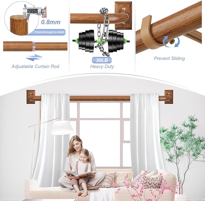 Boho Wrap Around Curtain Rods for Windows 28 to 48 Inch:Heavy Duty Blackout Curtain Rod Room Darkening,1"Wood Wraparound Curtains Rod Curved Black Out Adjustable for Bedroom Kitchen（All Matel）