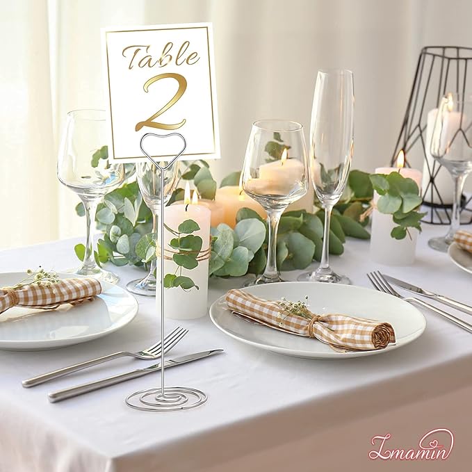 16pcs Place Card Holders, 8.75 Inches Tall Table Number Holders, Silver Picture Holder for Tables with Heart Shaped Clip for Wedding, Photos, Food Signs, Memo Notes, Restaurant, Birthday