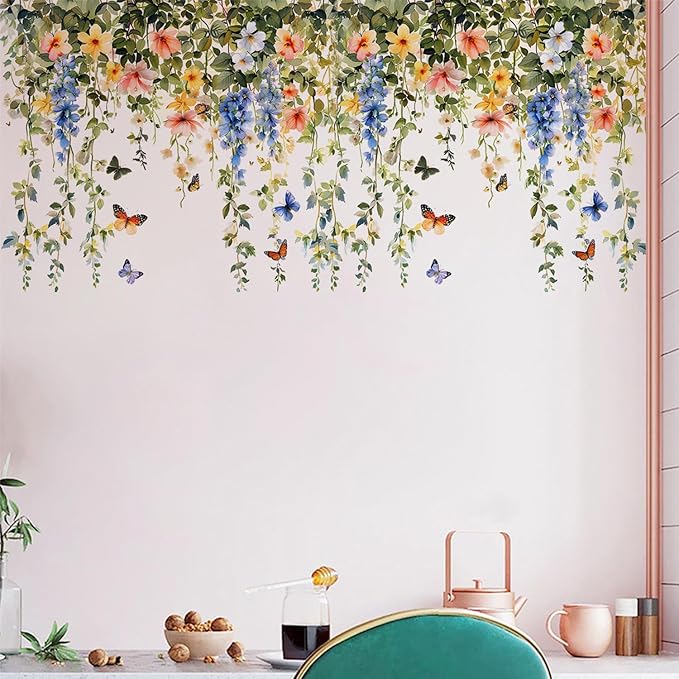 Elegant Floral & Butterfly Wall Decals – Watercolor Botanical Vine Border Stickers, Removable Vinyl Wall Art for Living Room, Bedroom, Bathroom, or Hallway Decor