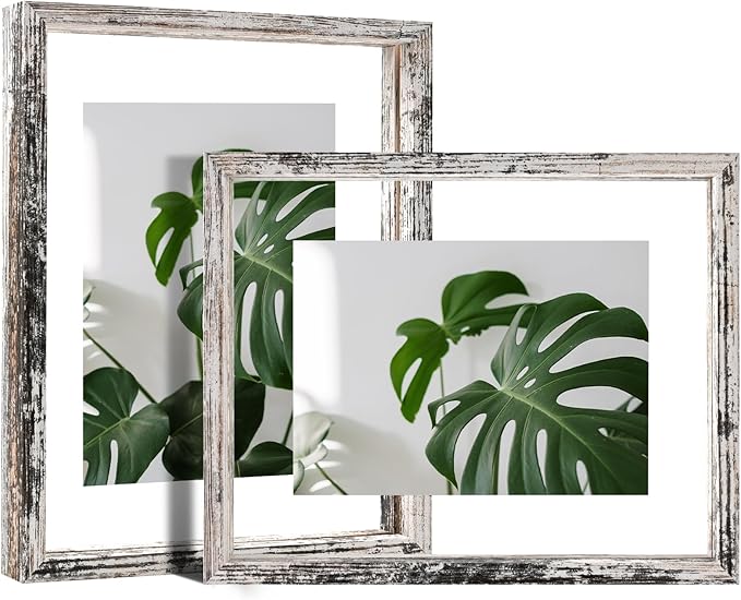 Egofine Distressed White 8x10 Floating Frames Set of 2, Double Plexiglass Picture Frame, Made of Solid Wood Display Any Size Photo up to 8x10, Wall Mount or Tabletop Standing