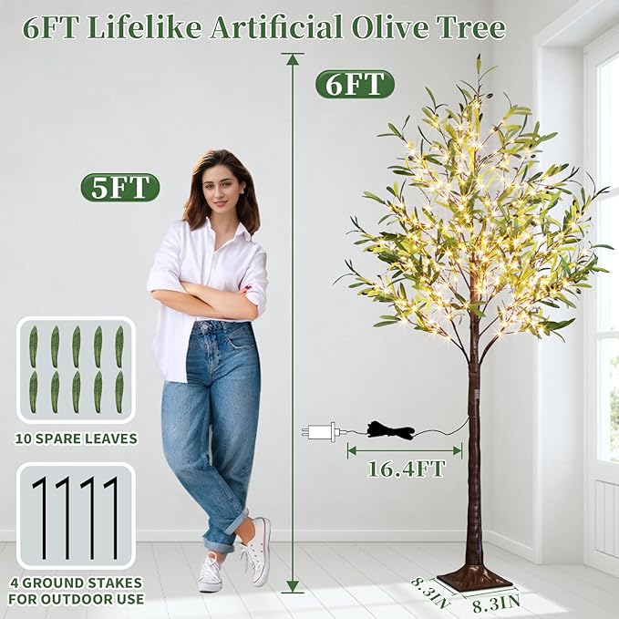 Artificial Lighted Olive Tree, Vanthylit 6ft Faux Plant Tree with 300 LED Fairy Lights, Prelit Fake Eucalyptus Greenery Tree Light with Leaves and Fruits Indoor Outdoor Home Bedroom Christmas Decor