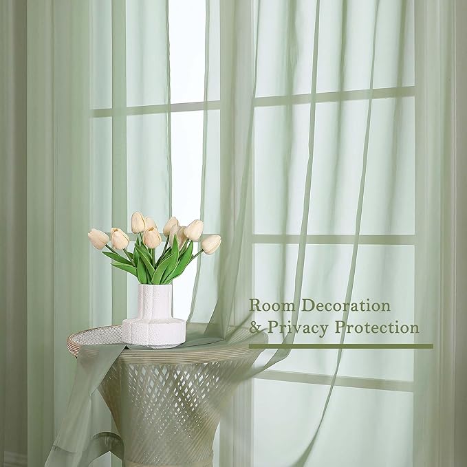 Lecloud Sage Green Sheer Curtains 120 Inches Long 2 Panels, Extra Wide Farmhouse Airy Voile Window Curtains, Solid Sheer Curtain Drapes for Living Room Balcony Big Windows, 59" W x 120" L