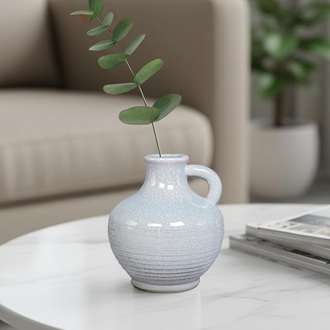 Sunddo Blue Ceramic Vases for Home Decor, 6 Inch Modern Decorative Vase with Handle, Small Flower Vase for Centerpiece, Entryway Living Room Dining Table Farmhouse Office Decor