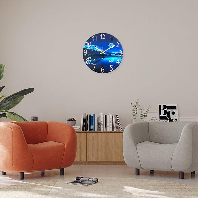 Blue Wall Clocks for Living Room 14 Inch Analog Wall Clock Battery Operated Moon Clock for Kitchen