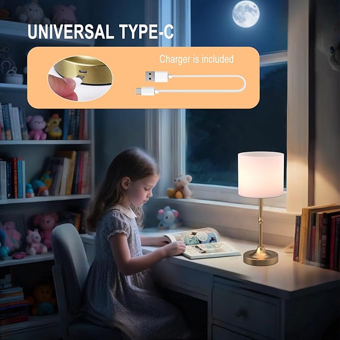 Cordless LED Table Lamp,Portables Fabric Shade Desk Lamps, Rechargeable Battery Powered Lighting, Dimmable Light for Dining Room, Bedroom, Bedside, Night Light, Balcony (Gold)